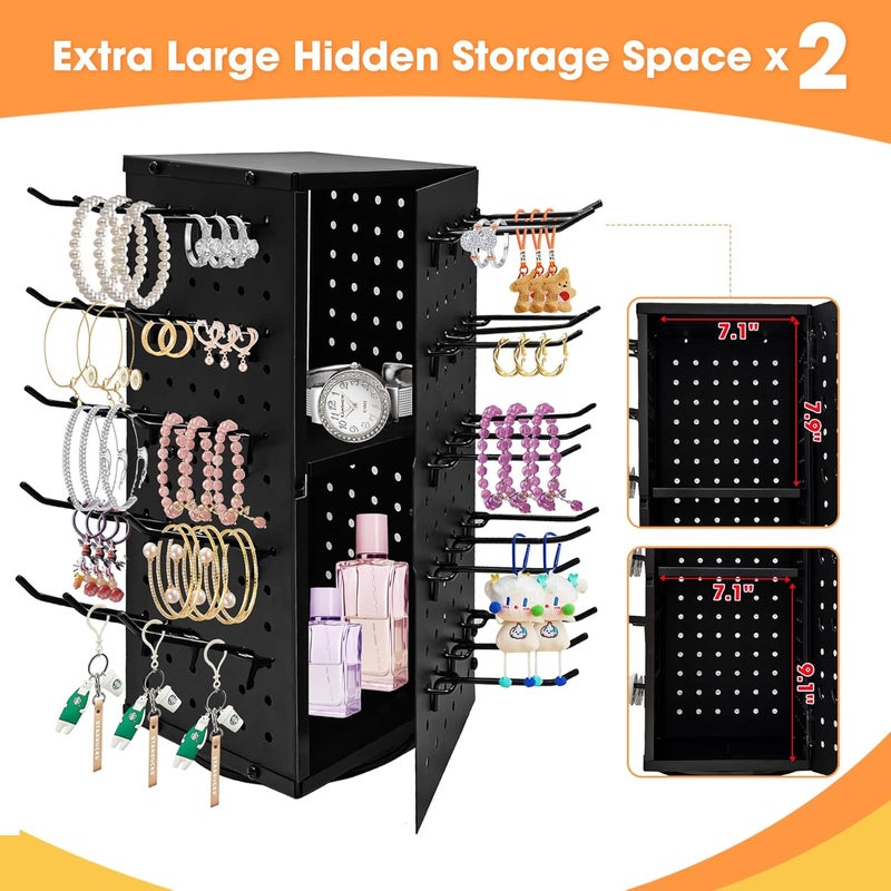 NewEle 360° Rotating Pegboard Display Stand with 60 Hooks & Inner Storage Compartments - Metal Peg Board Keychain Jewelry Display Stand for Vendors, Retail, Craft Shows (Black) - Image 5